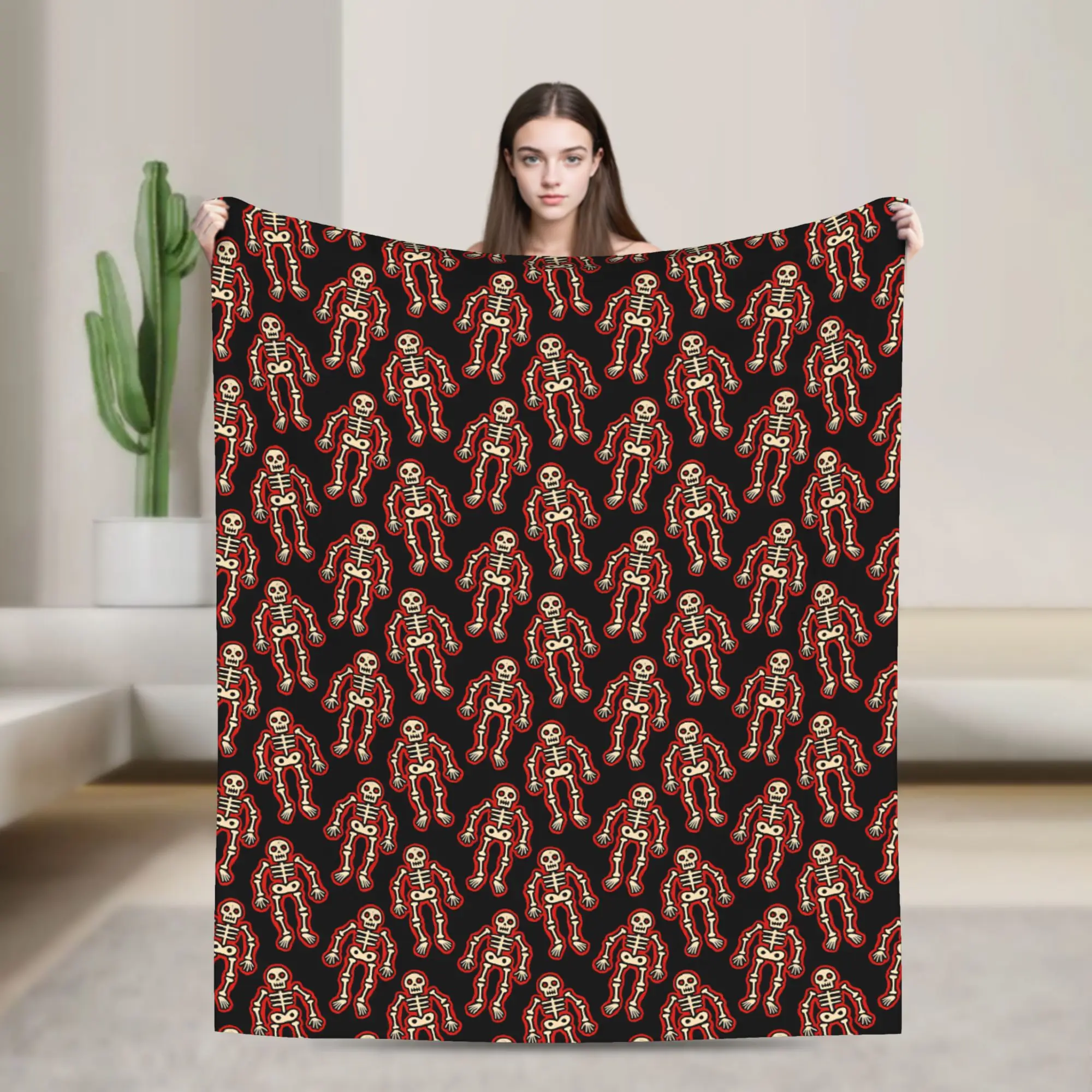 Cartoon Red Outline Skeleton Seamless Pattern Black Background Blanket Winter  Soft Throw Blanket  Flannel Bedspread Bed Cover