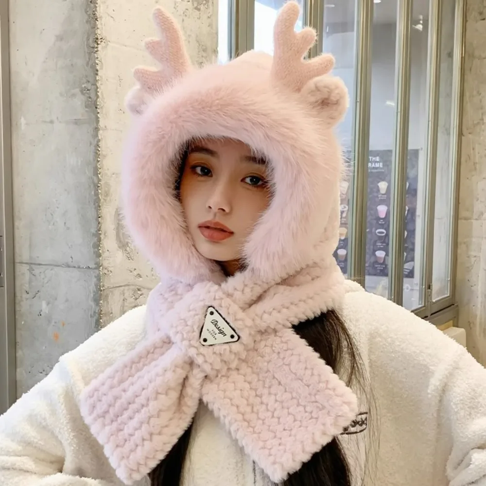 

Fashion Soft Fur Women Hooded Scarf Elk Antler Cross One Piece Hat Scarf Windproof Warm Ear Protection Hat Neckerchief