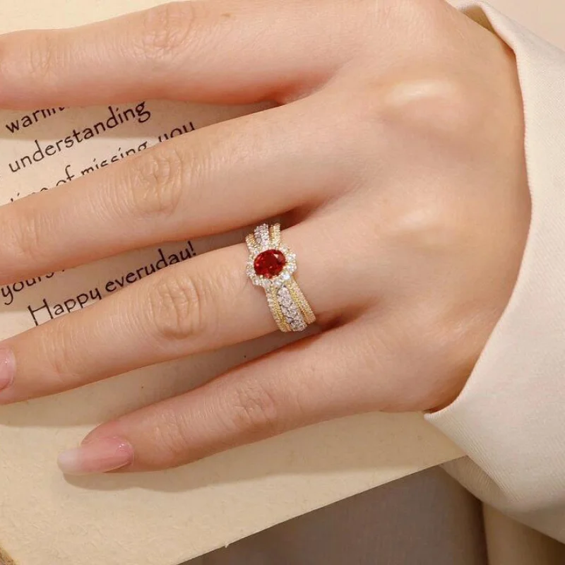 Red Corundum Carbon Micro Inlaid Full Open for Women High-end Vintage Color Diamond Gold Ring