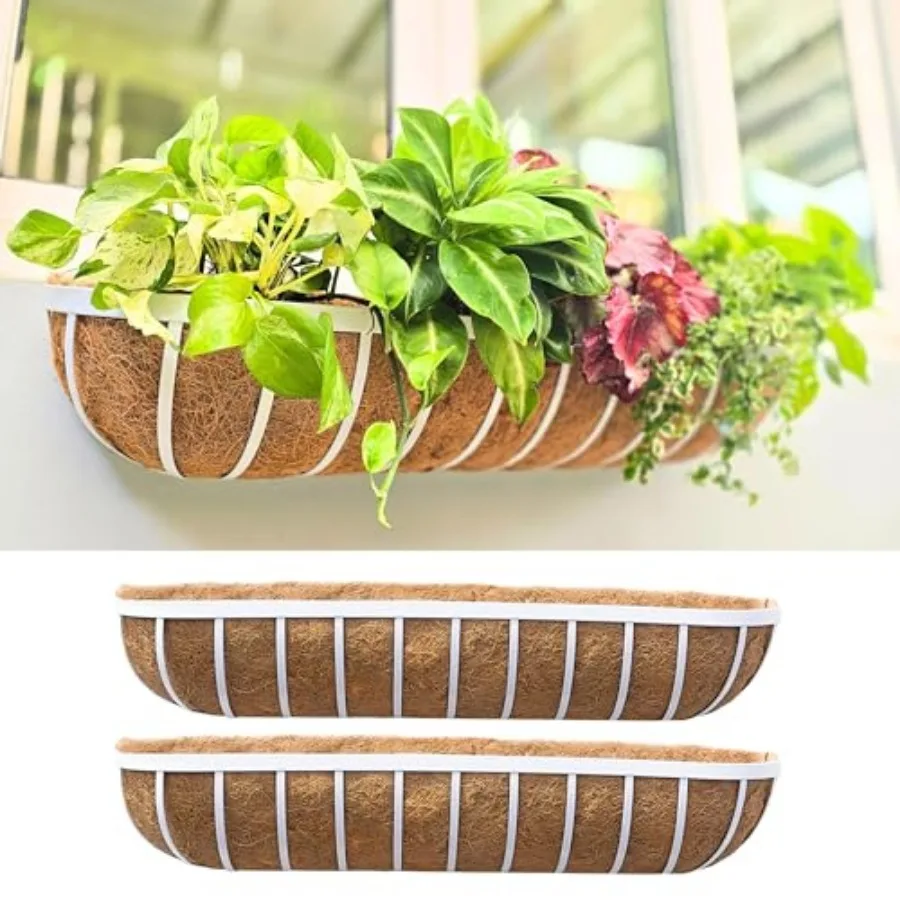 

Металлические уличные кашпо LaLaGreen, 2 шт., белые, для перил, с кокосовым вкладышем, прямоугольные, для окон