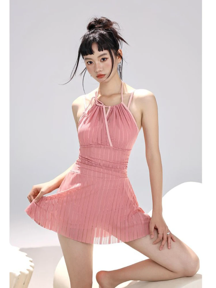 

Слитный купальник для женщин в стиле принцессы, розовый, для отдыха на горячих источниках, в корейском стиле, для дерзких девушек, сексуальный, в виде платья.