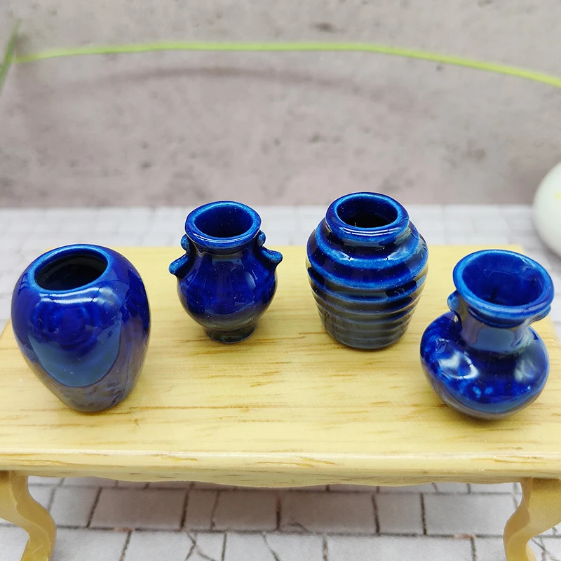 4Pcs 1/12 Dollhouse Mini Jars Ceramic Blue Vase Model Doll Home Scene Ornament Toy Micro Landscape Decoration Prop Accessories