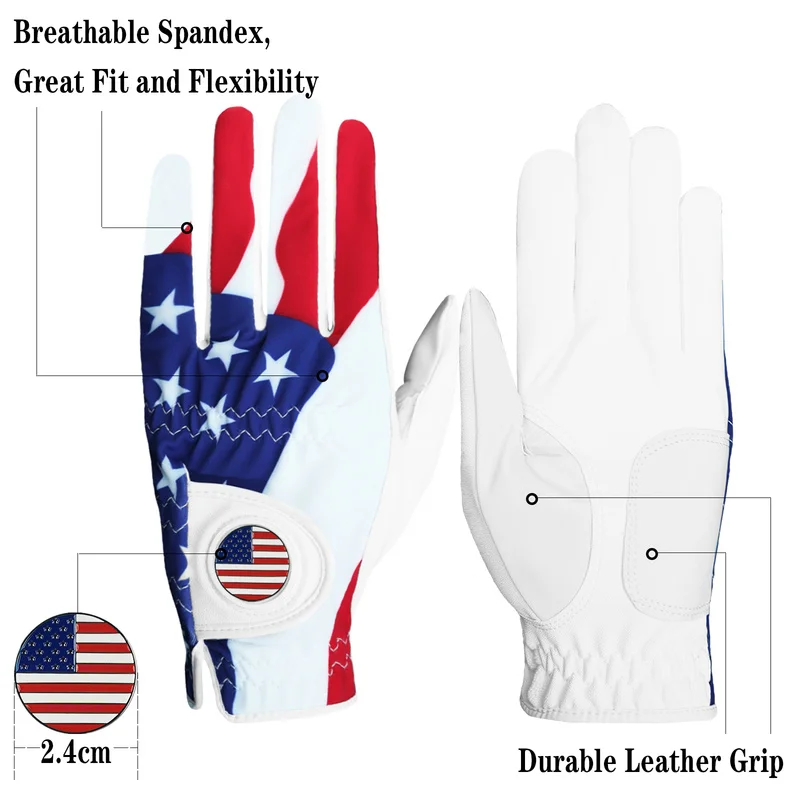 New Soft  Breathable Golf Gloves Men Leather Left Hand Right Hand Pair with Removable Usa Flag Ball Marker