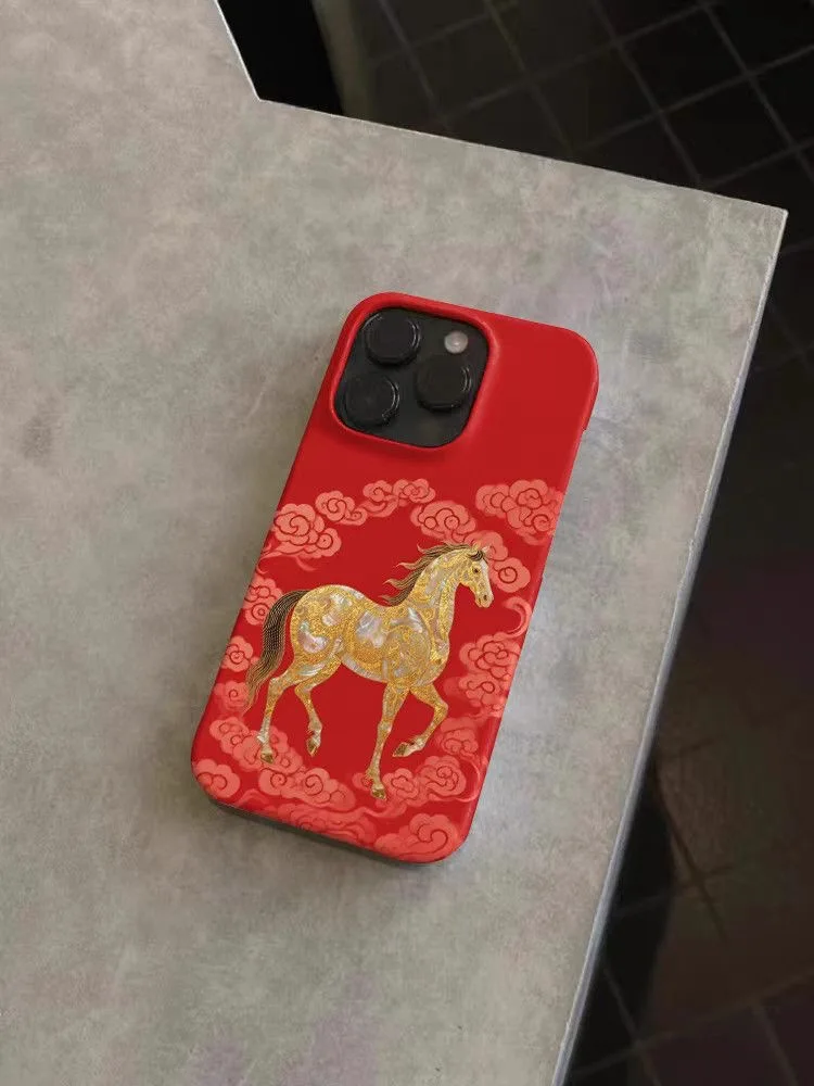 Chinese Style Golden Horse Lucky Auspicious Phone Case for iPhone 17 16 15 14 11 12 13 Pro Max Air Plus Back Cover