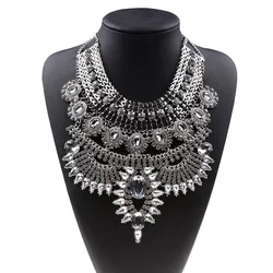 Luxury Jewelry Wholesale Boho Ethnic Tribal Gun Black Crystal Rhinestone Bold Statement Big Chunky Bib Choker Necklace for Women