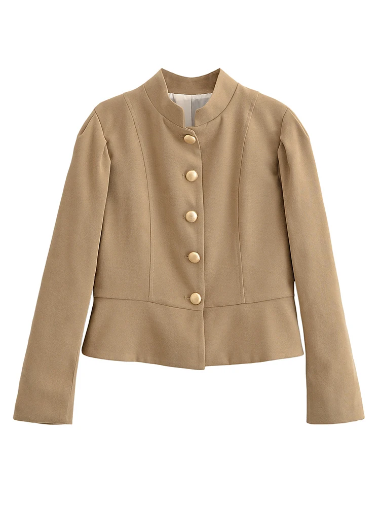 เสื้อแจ็คเก็ตผู้หญิงแฟชั่นฤดูหนาวใหม่ สไตล์วินเทจ ผ้าหนังกลับเทียม ทรงพองไหล่ คอตั้ง ทรงเข้ารูป เรียบหรู สีกากี