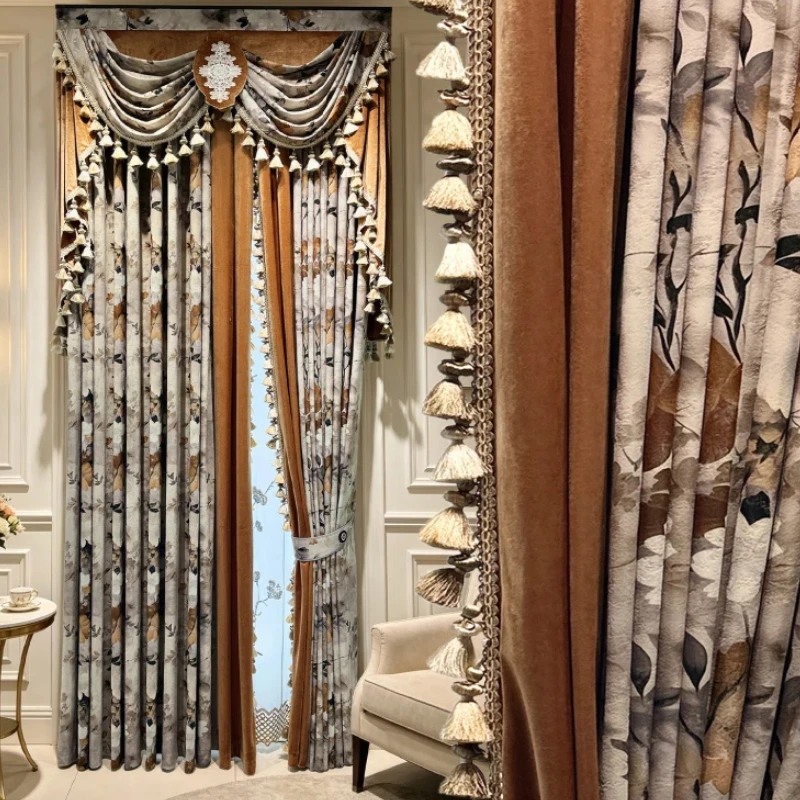 New American Gold Stamping Printing Velvet Splicing Blackout Curtains for Living Room Bedroom French Window Customized Valance