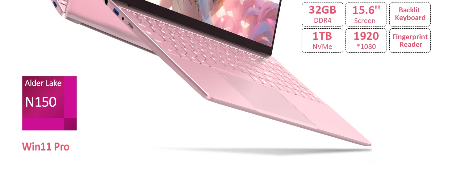 Pink 15.6" Fhd Ips Laptop with Intel N150, 32Gb Ddr4 Ram, 1Tb Ssd, Windows 11 Pro, 1920X1080, Dual Band Wifi, Bluetooth 5.0 - Notebook, Portable Computer for Work and School