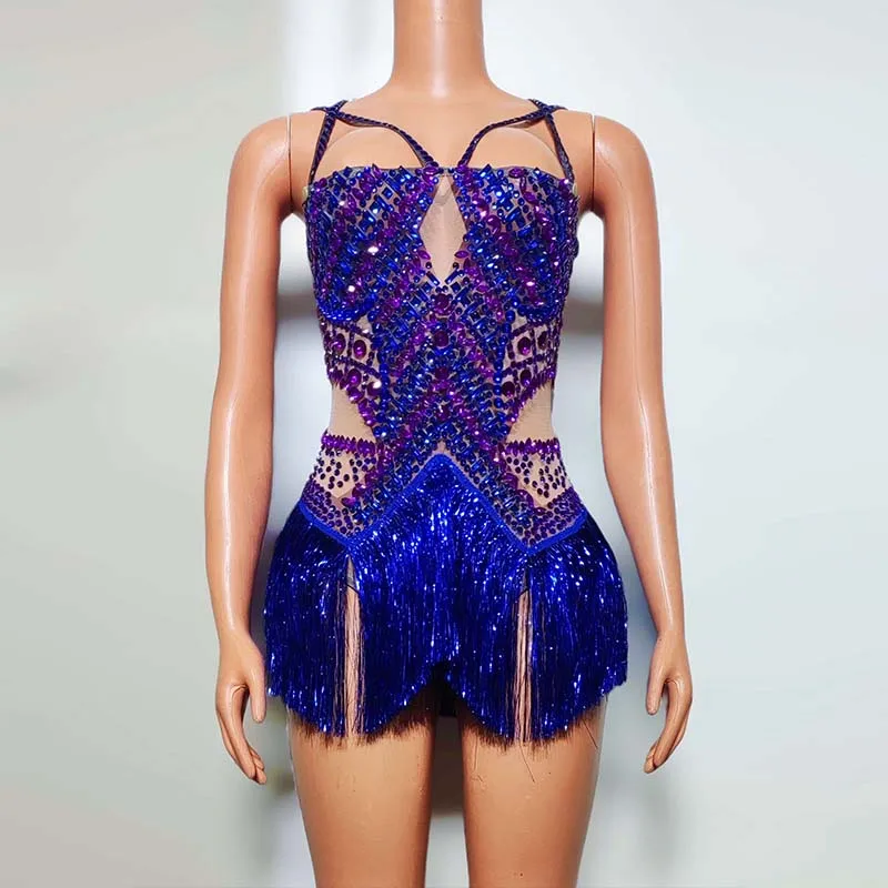 Blue Fringe Rhinestone Costume Sexy Gogo Dancer Clothing Women Nightclub Party Show Rave Outfit Festival Carnival Clothes