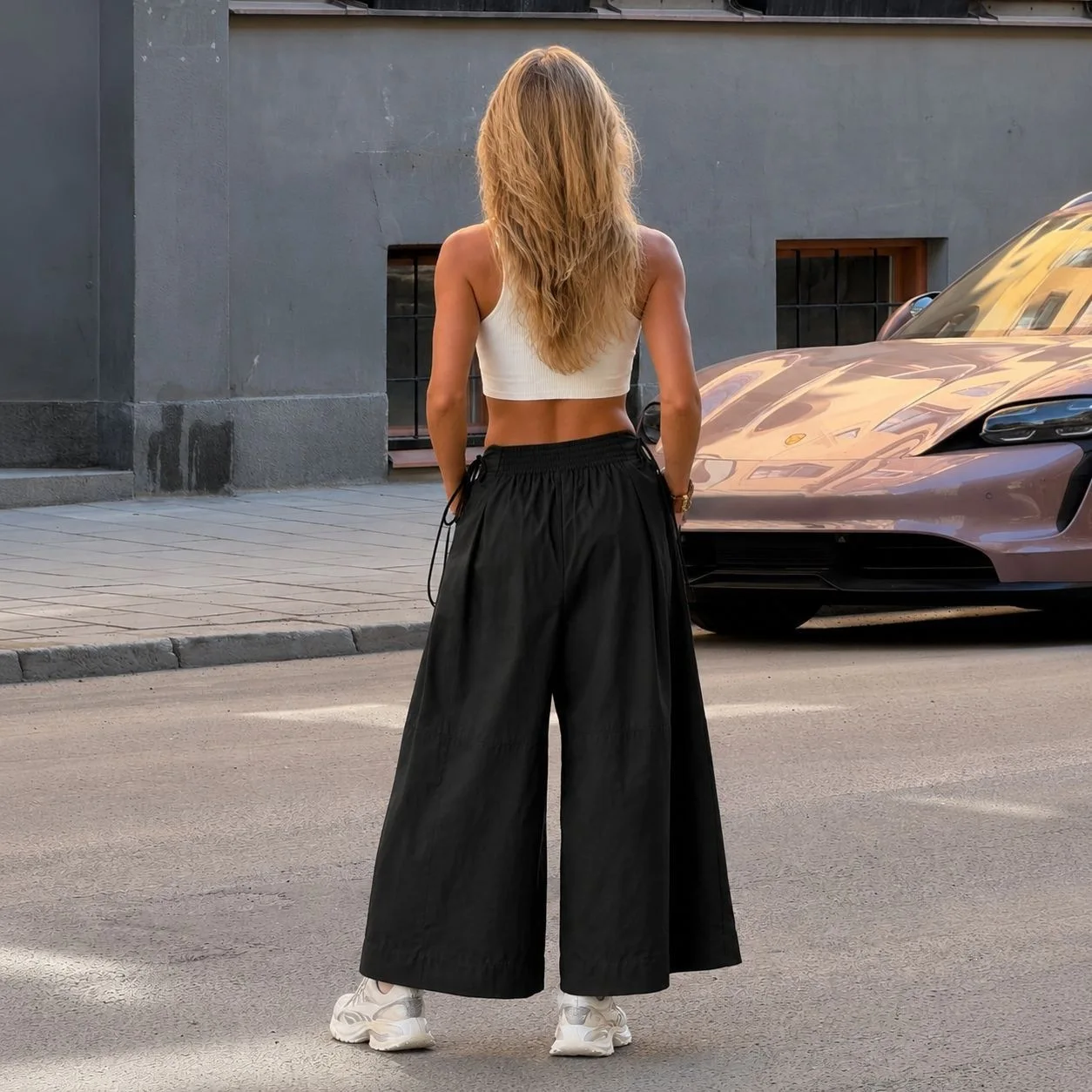 Yaminiya New Wide-leg Design Swinging Feeling Loose and Versatile Women Solid Color Trousers Pleated Lace-up Trouser Skirt Spice