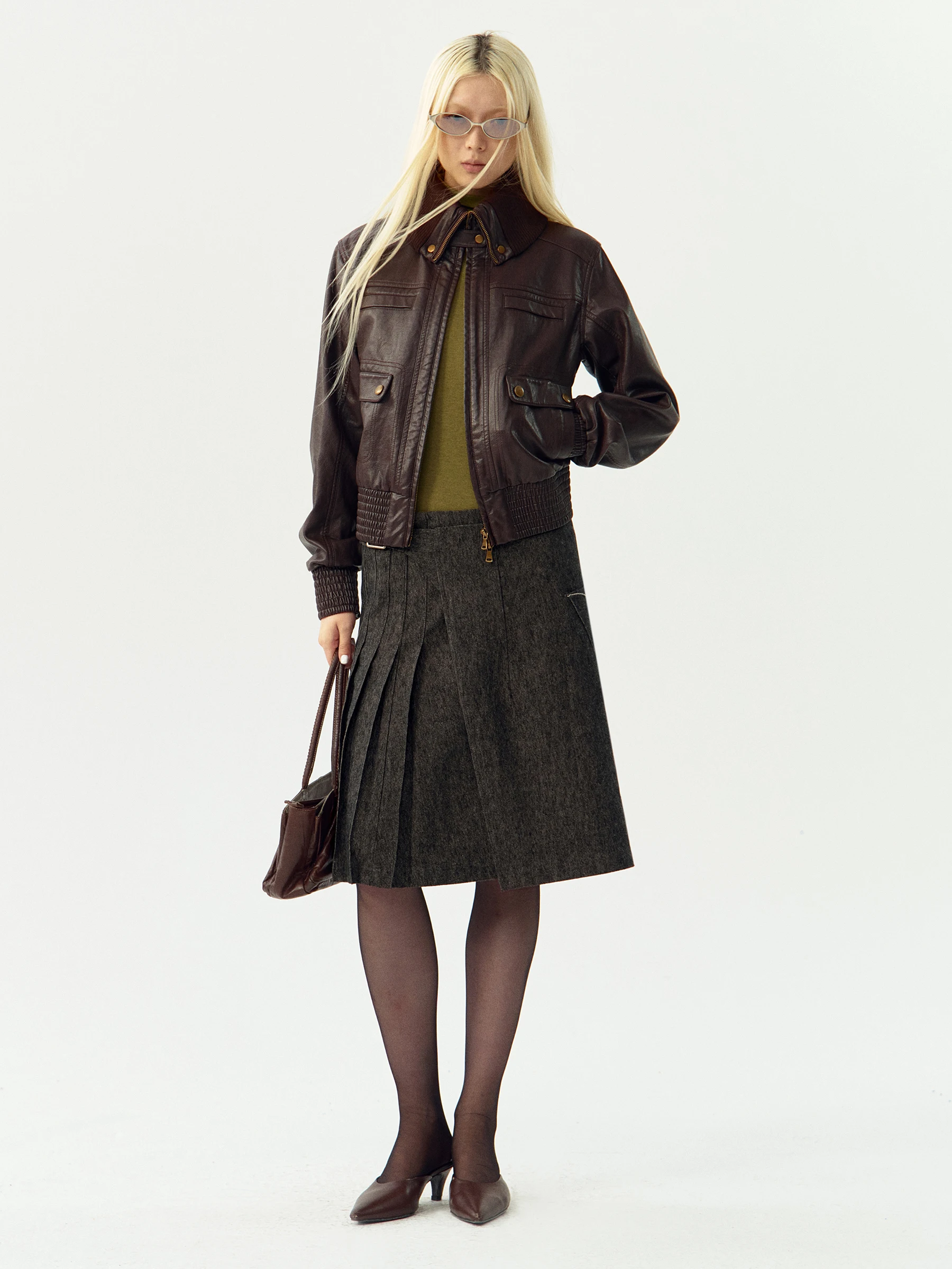 VERMO Retro Spontaneous Patchwork Knitted Collar Windproof Short Waist Cinched Leather Jacket Coat Independent Personality