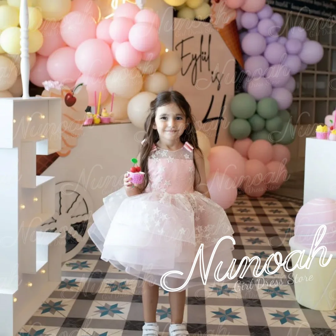 

Pink Flower Girl Dress For Wedding Sleeveless Star Lace Applique Girl Birthday Party with Bow First Communion Gowns Customized