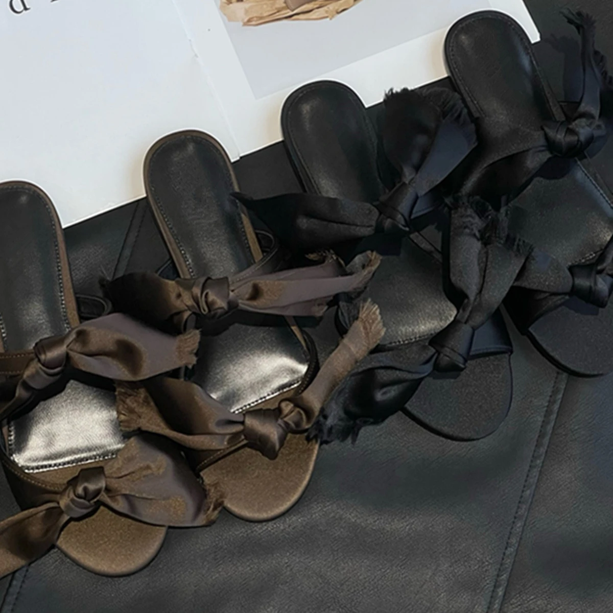 

Jenny&Dave Summer Shoes French Retro Silk Bow Tie Flat Slippers Women Minimalist Elegant Party Sandals Casual Sandals For Women