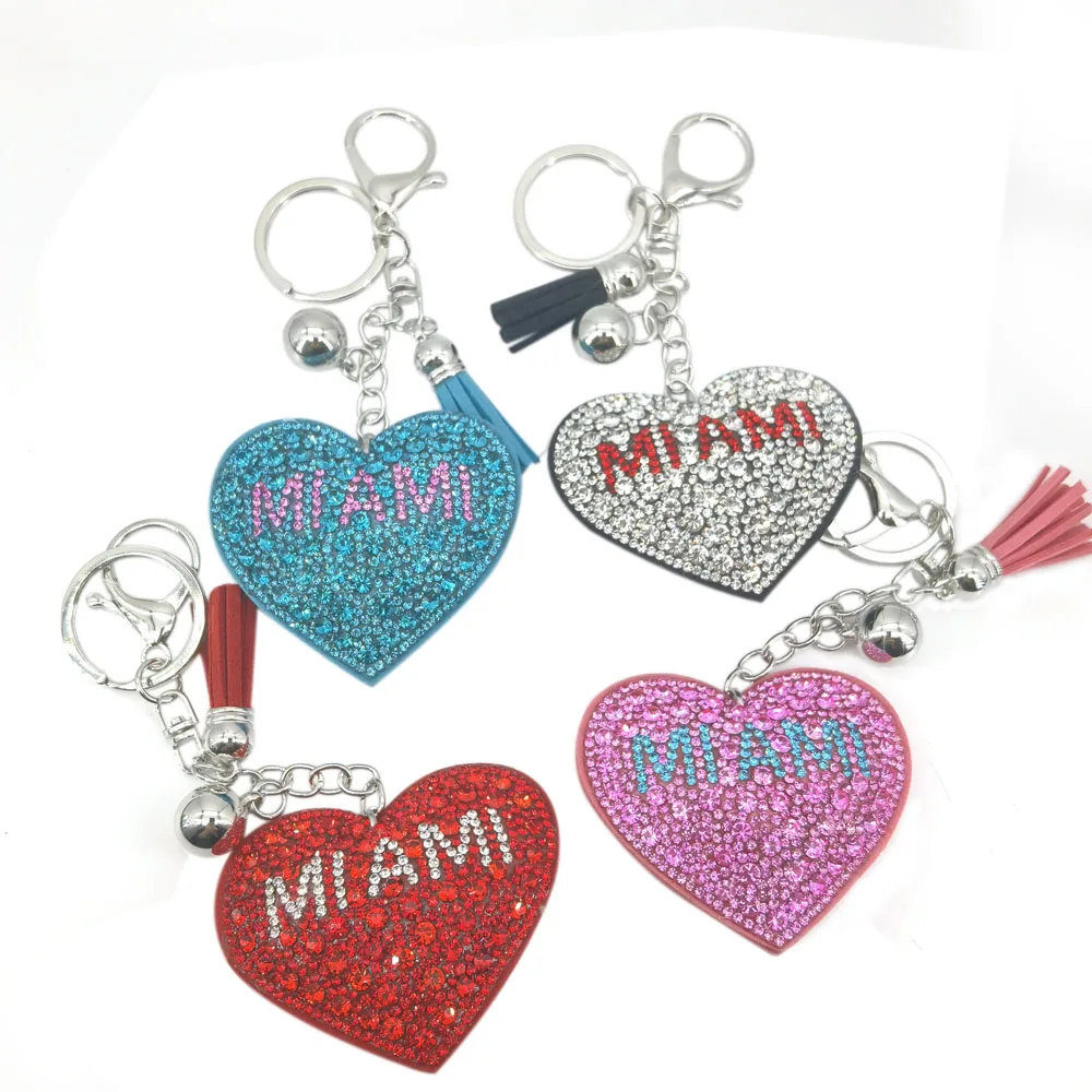 Miami Heart Keychain Leather Tassel Key Holder Metal Crystal Key Chain Keyring Charm Bag Auto Pendant Gift Wholesale Price