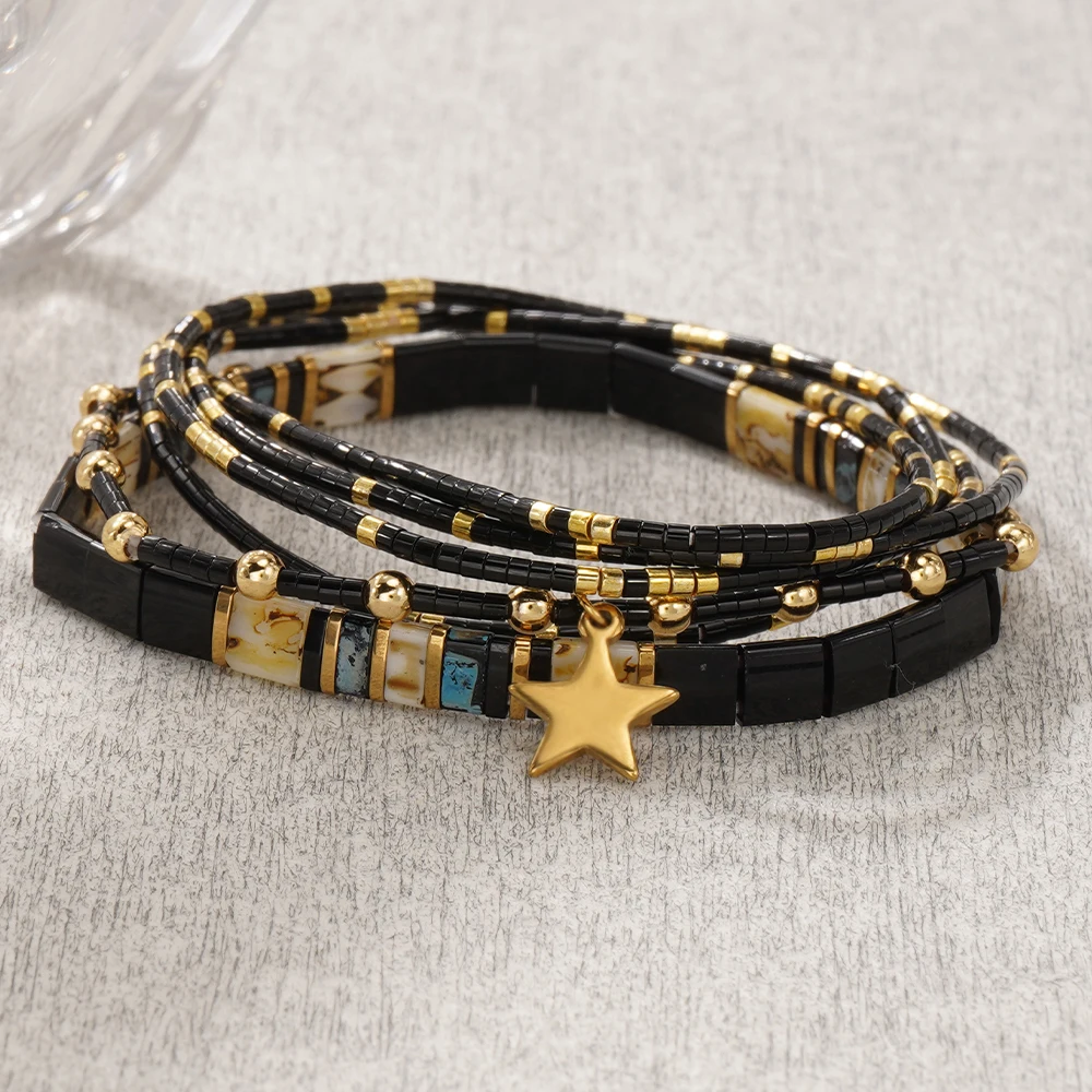 1 قطعة بوهو ستار سحر سوار مُزين بالخرز للنساء الأسود ميوكي البذور الخرز مطلية بالذهب النحاس مجوهرات قابل للتعديل متعدد الطبقات التفاف