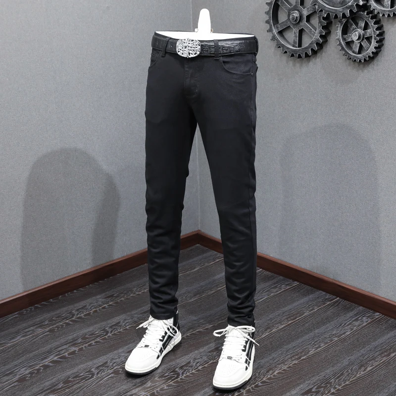 

Designer fashion new black men's jeans washed nostalgic perforated patch high street fashion hip-hop brand elastic slim fit jean