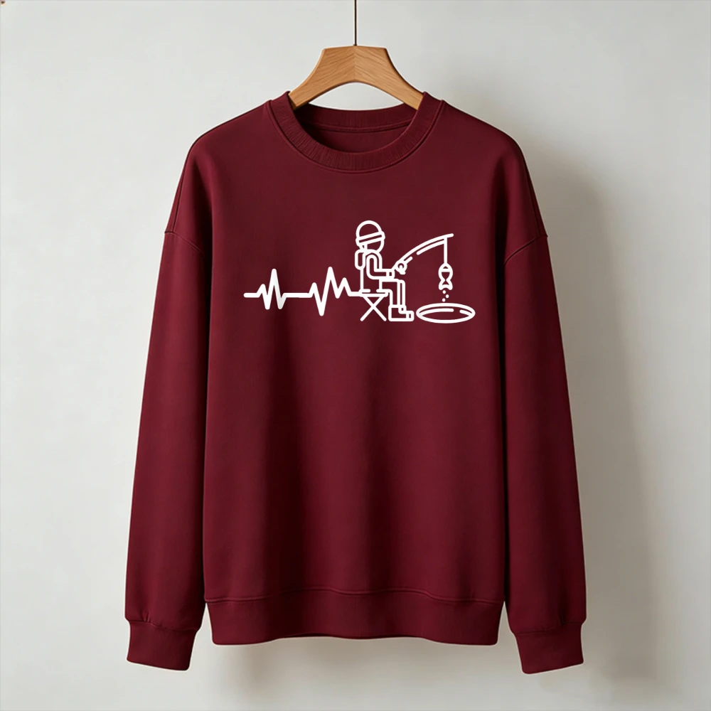Fishing Heartbeat Stick Figure Graphic Pullover Fisherman ECG Line Print Tops Casual Outdoor Fishing Enthusiast Daily Wear Gift