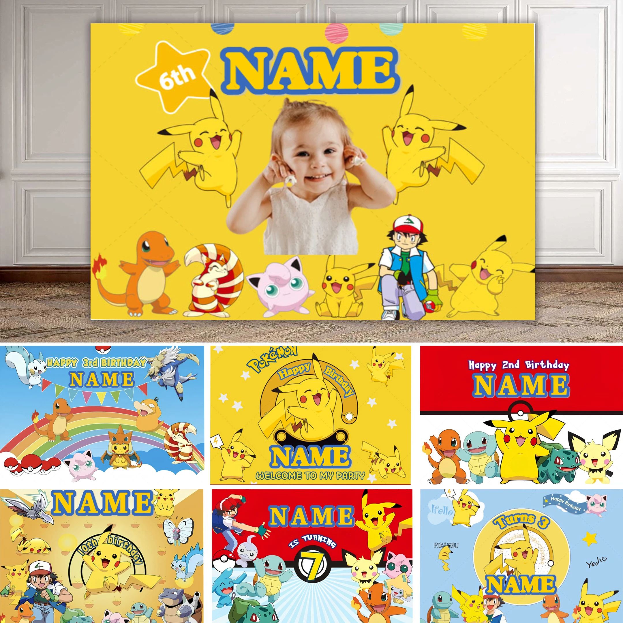 

Pokemon Birthday Party Decoration Backdrop Pikachu Personalized Kids Birthday Sign With Child Name Custom Baby Show Poster photo