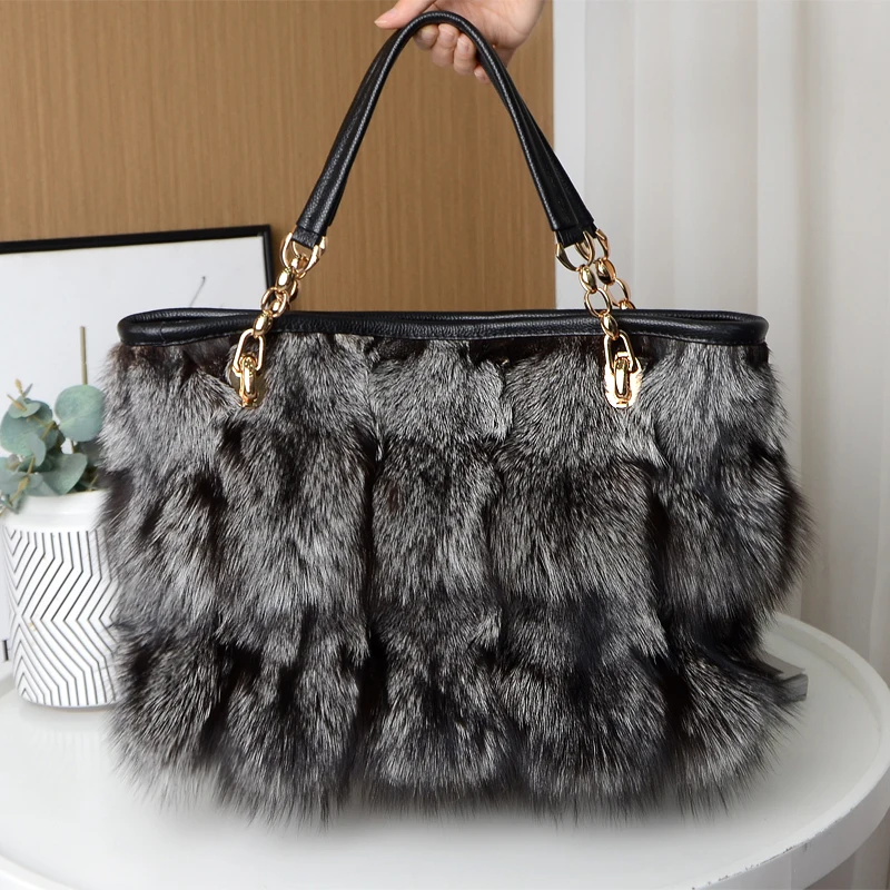 

Women's Winter Handbag Luxury Genuine Natural Real Fox Fur Bag Lady Tote Bag Party Bag