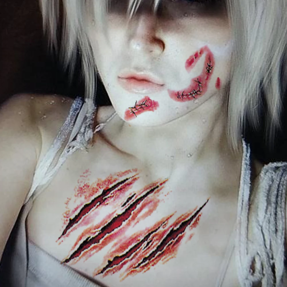 5/10 Stück 3D Fake Narben-Tattoo-Aufkleber Halloween Krusten Blutiges Make-up Körper Gesicht Realistische Wunde Gruseliger Aufkleber Scherzartikel Party-Deko – Detail 5