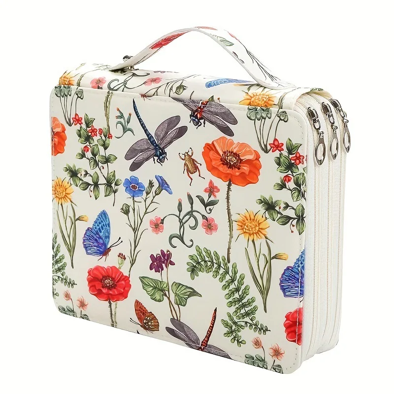 Multi-Function 124 Holes Colored Pencil Zipper Bag ,Flower Portable Three-Layer Large Capacity Storage Organizer Pen Bag 5Colors