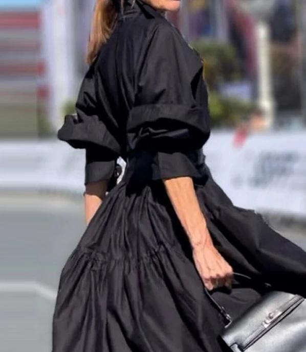 

Women's Fashion Pleated Design Puff Sleeved Swing Dress Temperament Commuting Woman Casual Crease Solid Elegant Shirt Dresses