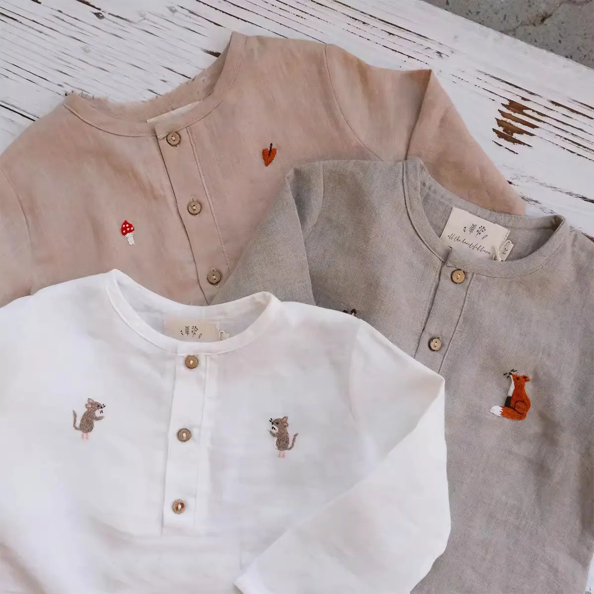 

Jenny&Dave Children's cotton and linen soft long sleeved shirt 2024 European and American style spring/summer new animal embroid