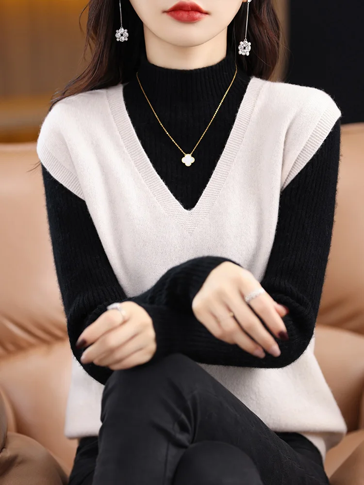 V-neck 100% Merino Wool Pullover Sweater Vest Women Autumn Winter Soild Sleeveless Thickened Versatile Cashmere Knited Waistcoat