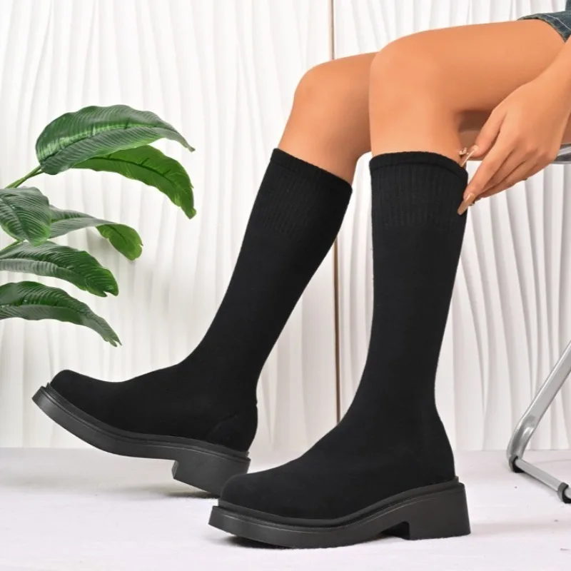 

Mid Heels Women Knee Sock Boots 2025 Winter Elegant Cozy Shoes Designer Fashion Chunky Pumps New Classical Long Botas De Mujer