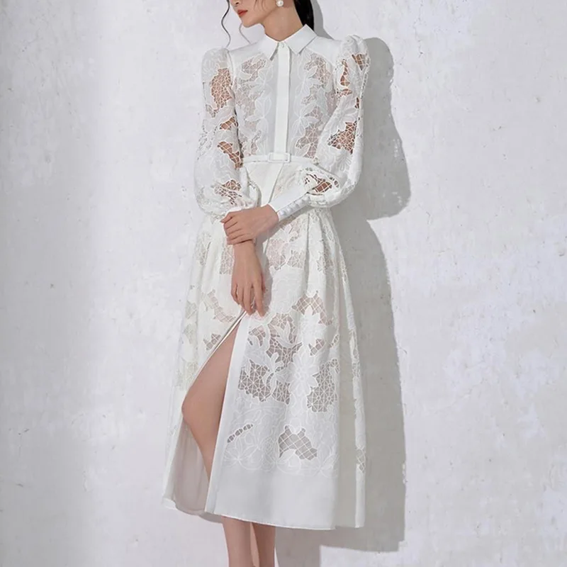 Lace Embroidery and Hollowed Out Design White Lantern Sleeve Dress Women\'s Spring/Summer Temperament Long Lapel Shirt Dresses