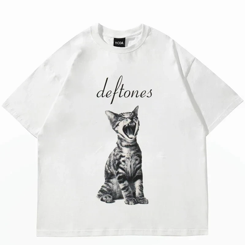 T-shirt à manches courtes pour hommes et femmes, tenue de couple, illustration de chat avec casque, style règle vintage, design haut de gamme