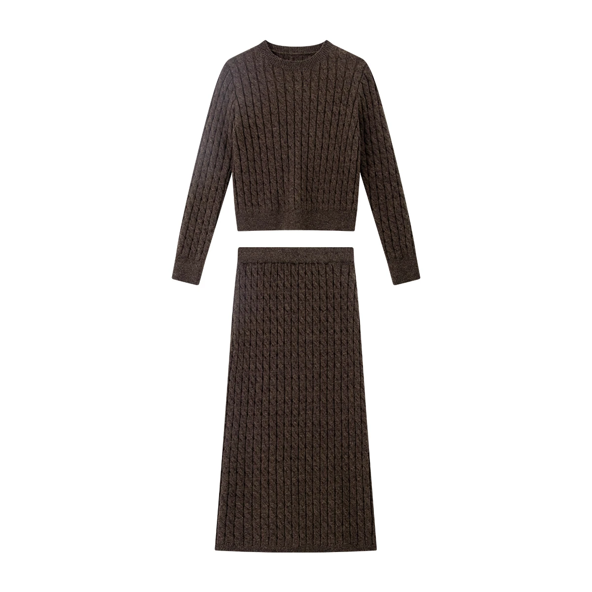 VIMLY Conjunto de falda de dos piezas de punto para mujer, suéter de cuello redondo tejido por Cable, faldas largas, conjunto de falda informal, 2 piezas para mujer 75222