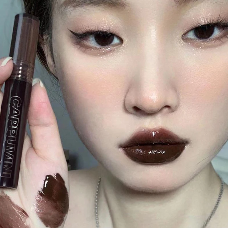 Cappuvini Punk Dark Brown Mirror Water Lip Gloss Red Lip Glaze Transparent Glass Lip Oil Waterproof Liquid Lipstick Tint Makeup