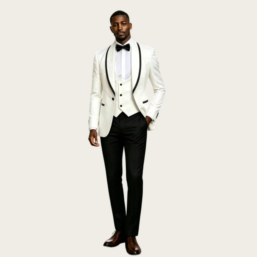 

Jacquard Men's Suits Shawl Lapel Single Breasted 3Pcs Africa White Wedding Suit for Man Tuxedo Prom Slim Fit Blazer Customized