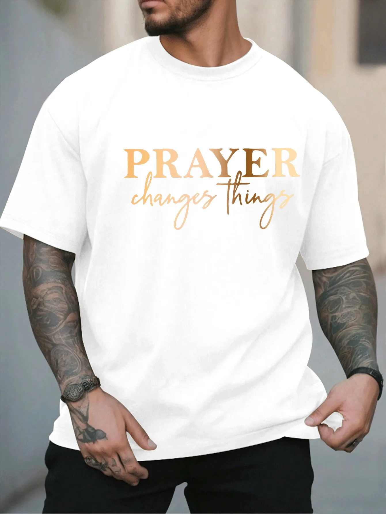 Men Prayer Changes Things Letter Graphic T Shirt Gold Foil Style Text Print Crew Neck Short Sleeve Black White Casual Faith Tees