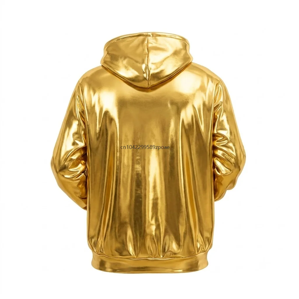 Metallic Shiny Glossy Iridescent Laser Hooded Pullover Sweatshirt Disco Stage Carnival Festival Costume Party Performance Tops