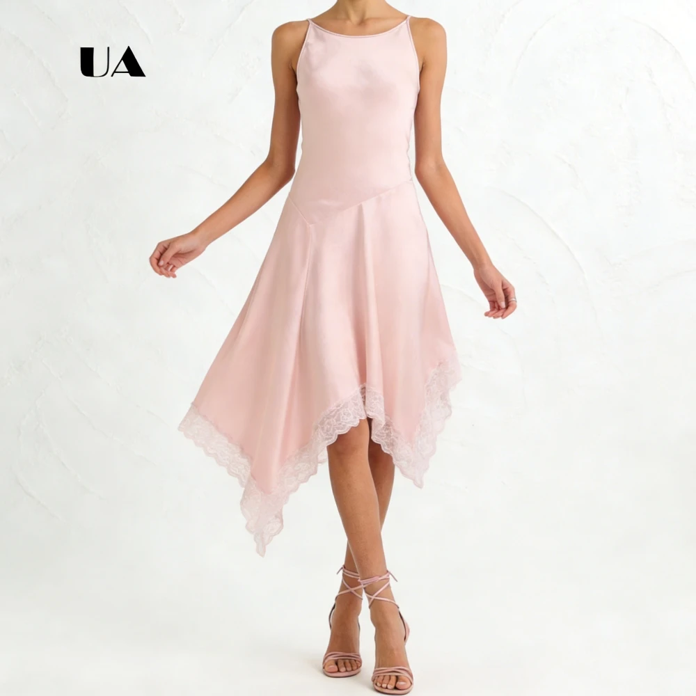 

ULBYANRY Lace-trimmed Satin Asymmetrical Prom Dress with Scoop Neck, Solid Belt Sleeveless Evening Dress, Customized Party Gown