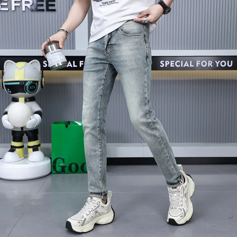 2024New Retro Washed Jeans Men's Summer Thin Fashion Printed Slim-Fitting Small Straight Casual Long Pants