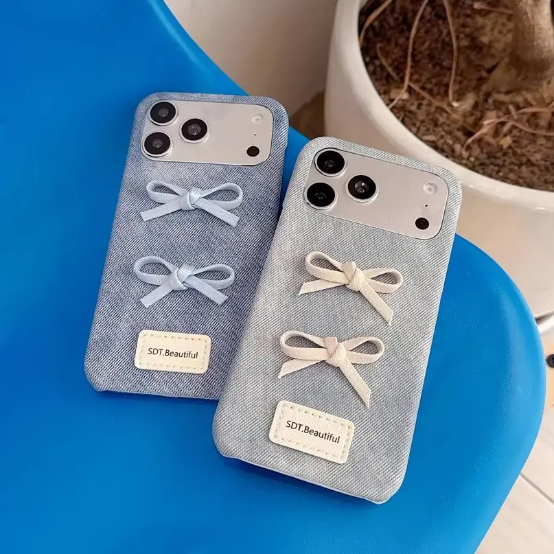 

Y2K Elegant Vintage Sweet Bow knot Phone Case for iPhone 17 Pro Max Girly Jeans Washed Denim Fabric Cover for iPhone 16 15 14 13