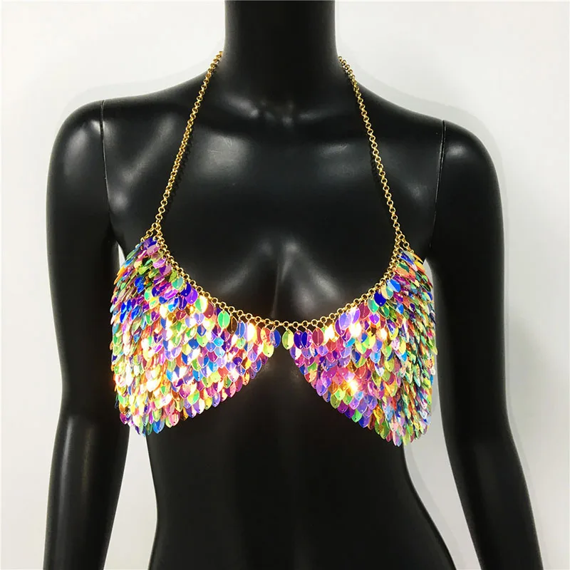 Pailletten Gekleurde Bladeren Crop Top Vrouwen Vest Sexy Nachtclub Metalen Slanke ketting Hangende nek Splicing Glitter Top Vrouwelijk