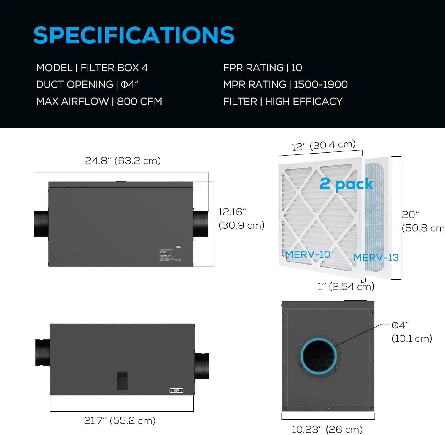 Filter Box 4 Inches With Efficient Box Fan Filter, Duct Filter Box For Fresh Air Intake And Improved Airflow, Hvac Filter Box
