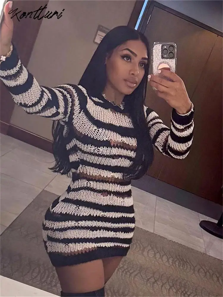 Kontturi New In Sexy Knit Dresses For Women 2023 O Neck Long Sleeve See Through Dress Fashion Bodycon White And Black Mini Dress