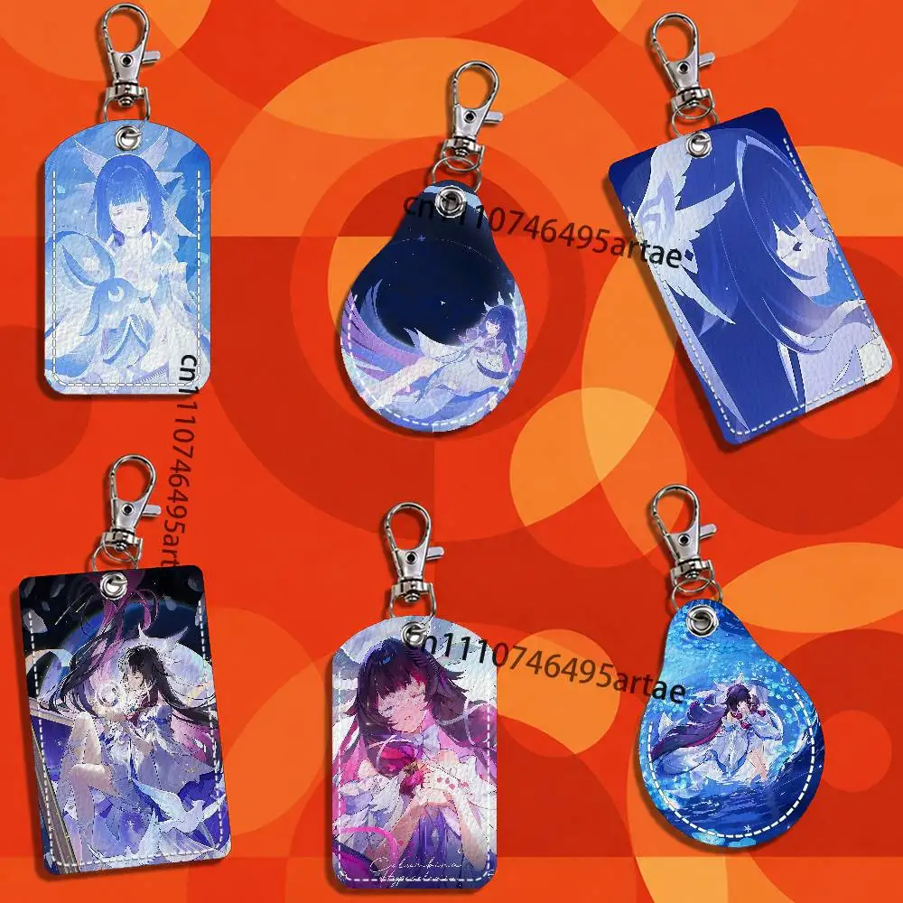 G-Genshin Columbina Impact Vintage Anime Card Case Leather Card Holder Keychain Key Ring Transportation Card Case With Lanyard