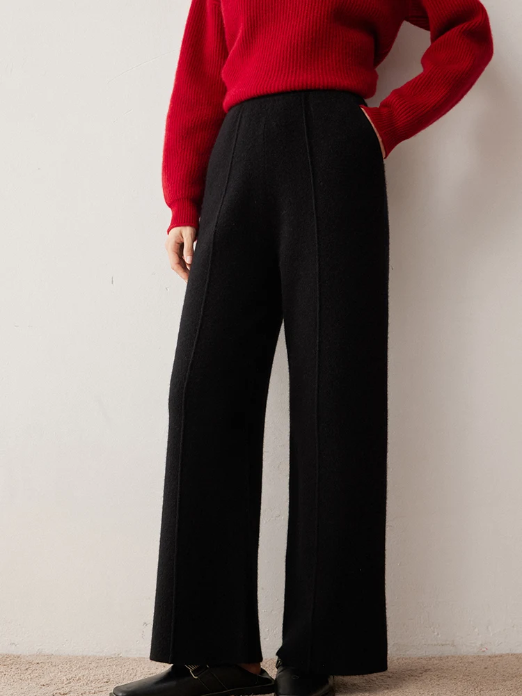 Pantalon droit en cachemire pour femme, taille élastique, 100% cachemire tricoté, poches solides, pantalon classique pour femme de bureau, automne hiver