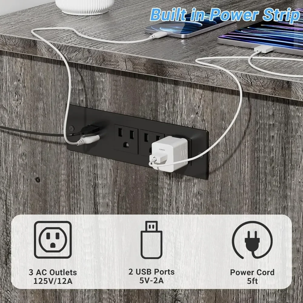 Reversible Office Desk With File Cabinet 55 Inch Computer Desk With Smart LED Light and Power Outlet Reading Freight free