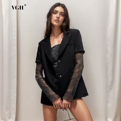 VGH Temperament Patchwork Mesh Blazers For Women Notched Collar Long Sleeve Spliced Diamonds Fashion Blazer Female Clothing New