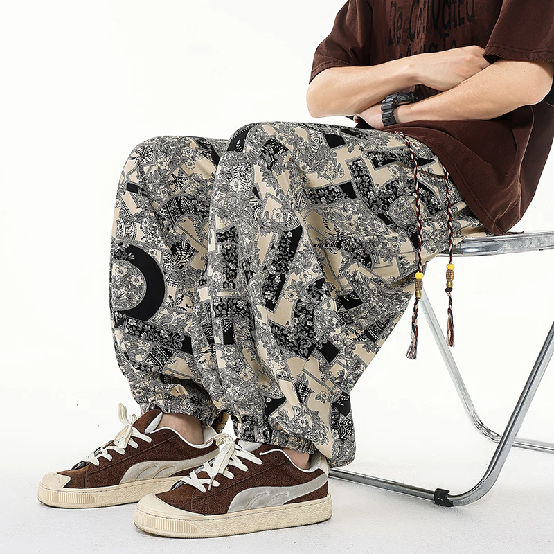

Beach Wide Leg Trousers Men's Vintage Hawaiian Print Comfortable Calf Length Pants Breathable Loose Fit Fashion Men Casual Pants