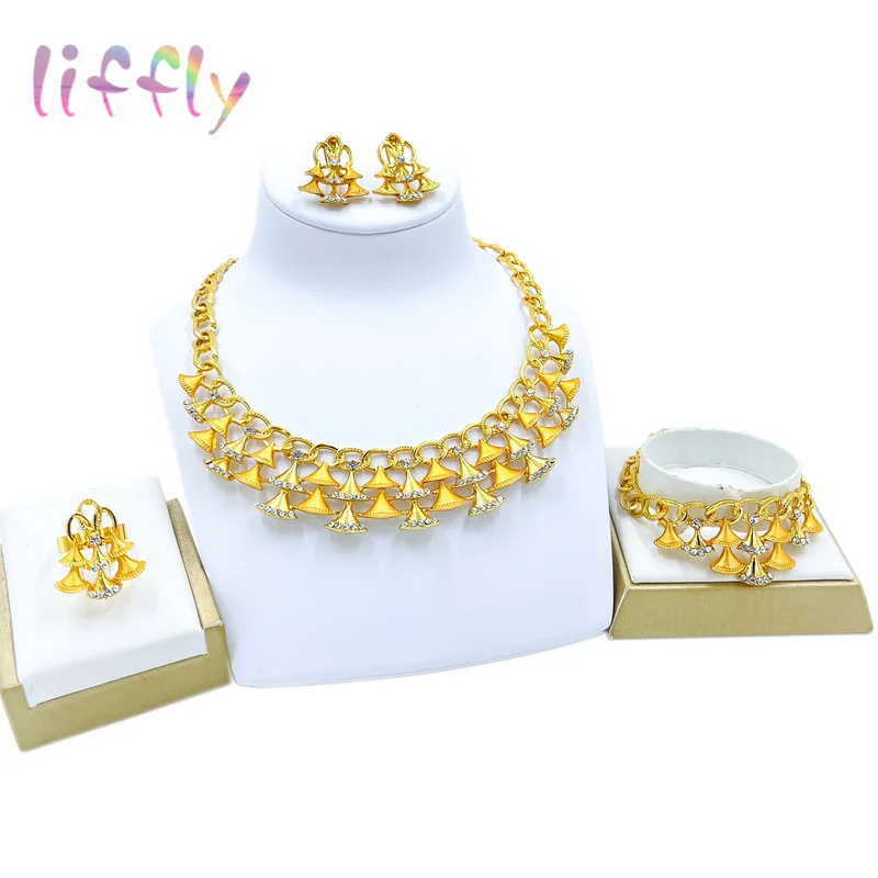 

Liffly Elegant Women Party Necklace Bracelet Earrings Ring Crystal Jewelry Vintage Jewelry Sets Wedding Accessories Gift