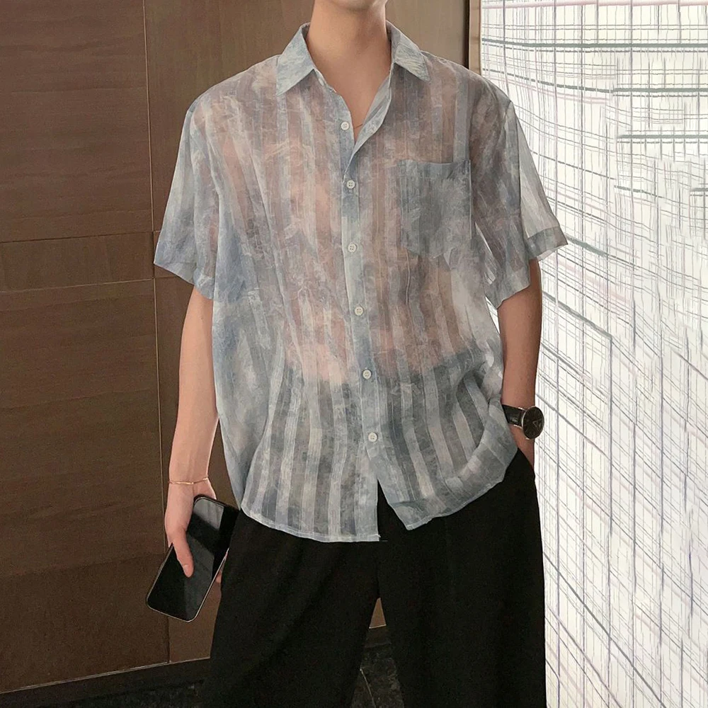 

Men Striped See-Through Tie-Dye Mesh Short-Sleeve Casual Shirt 2024 New Genderless Fashion Night Club Sexy Loose Shirt Unisex