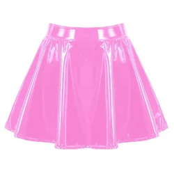 Falda corta plisada de charol brillante para mujer, minifalda suave de baile, línea A, Color sólido, ropa erótica para discoteca